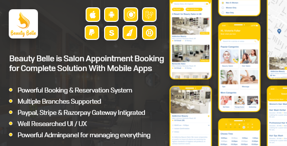 Download Salon & Spa Appointment Booking App For Android - iOS App with admin panel - Beauty Belle